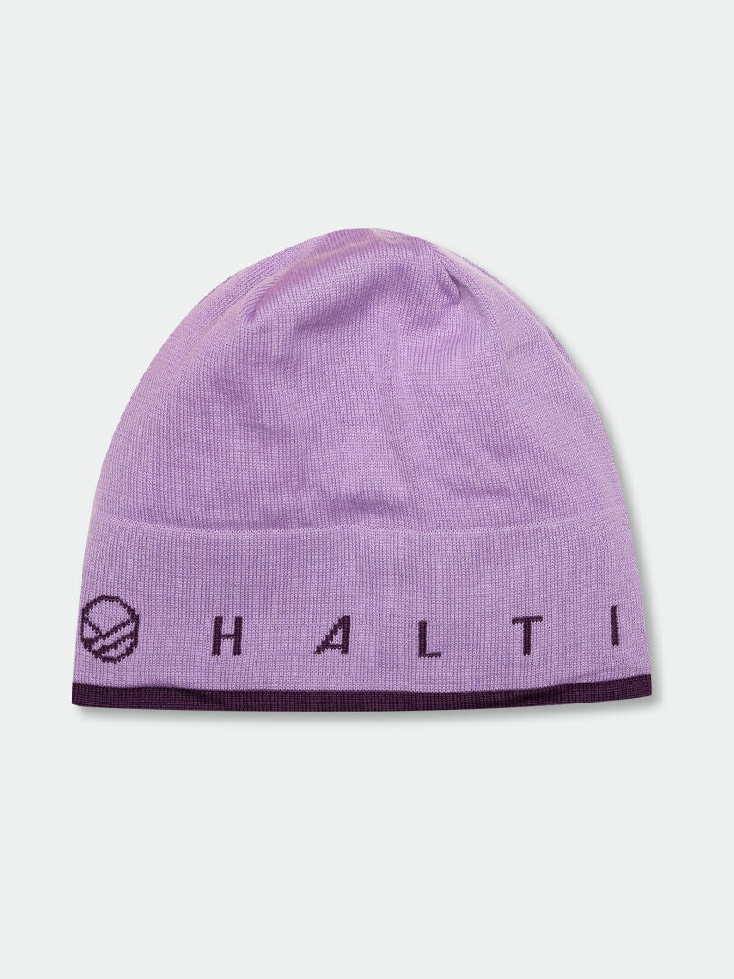 The Halti Interval Beanie is a light purple, wool-acrylic blend beanie with dark trim and the HALTI logo.