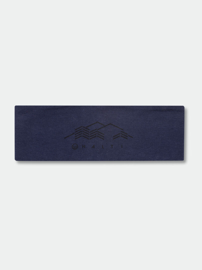 Halti Vehka Headband in navy blue with a black mountain logo and HALTI text offers lightweight outdoor protection.