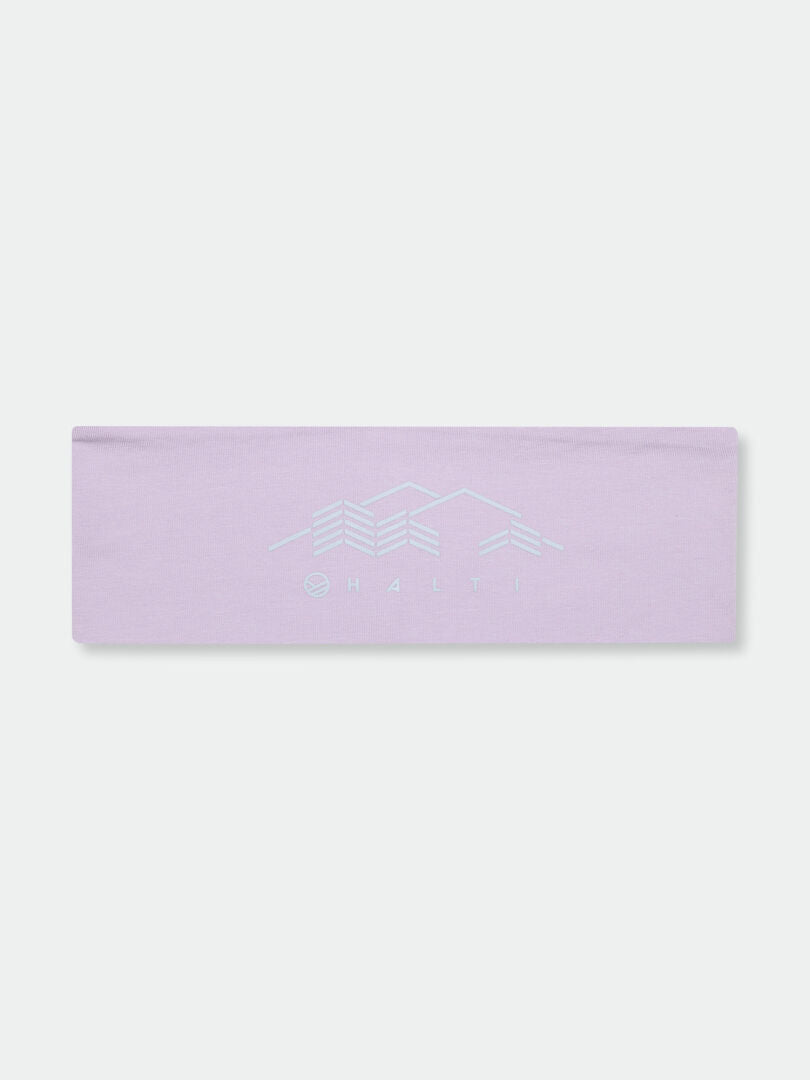 A folded lavender Halti Vehka Headband with a light blue geometric mountain design and HALTI on the front.