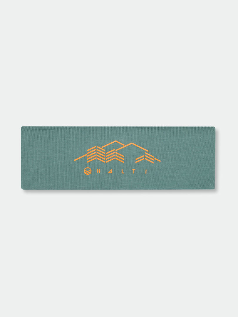 Halti Vehka Headband in teal features a yellow mountain graphic and offers lightweight outdoor protection.