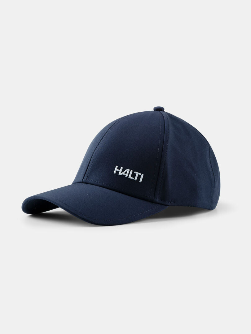 The Halti Mattas Baseball Cap is navy, quick-dry, UPF 50+, with white HALTI embroidery and recycled material.