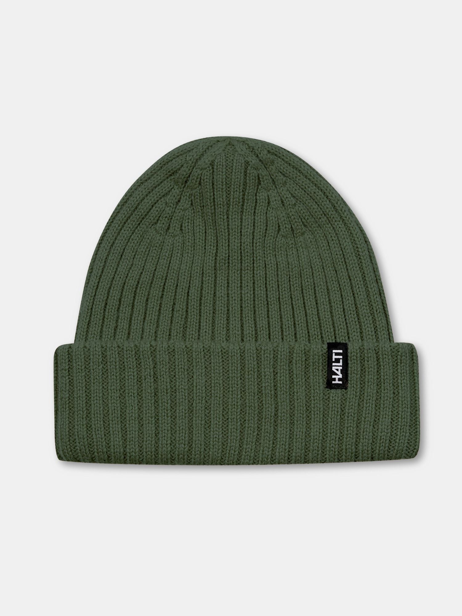 The Runko Beanie by Halti is olive green, rib-knit, with a folded brim and a black Halti tag on the cuff.