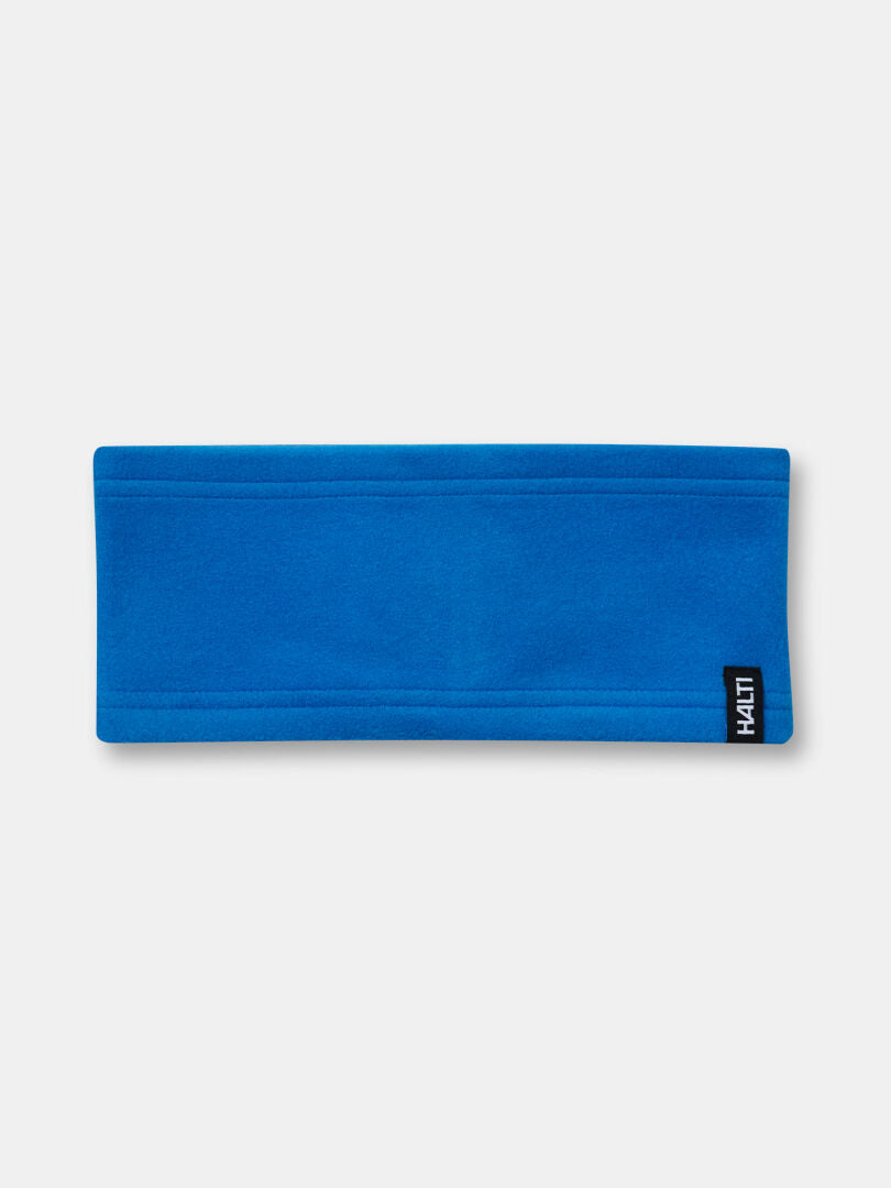 The Halti Trone Fleece Headband is a flat blue insulated band with a black and white HAUT label on the bottom right.