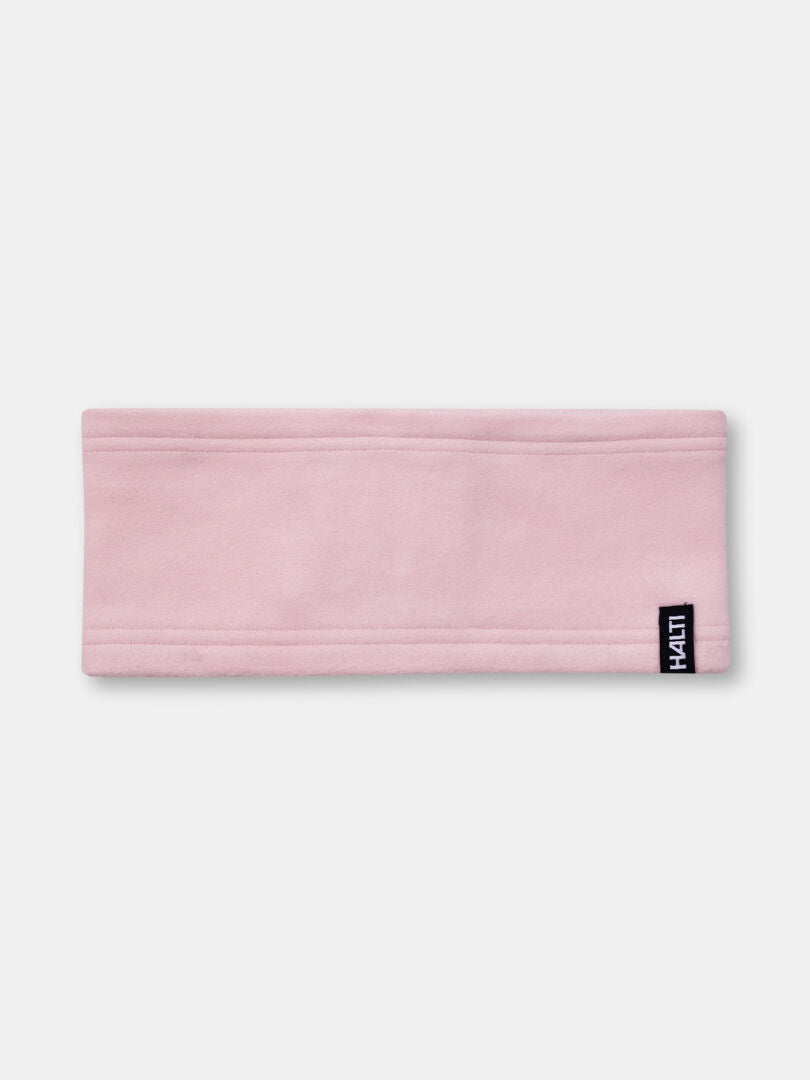 The Halti Trone Fleece Headband in light pink is perfect for cold-weather training and features a small black-and-white tag.
