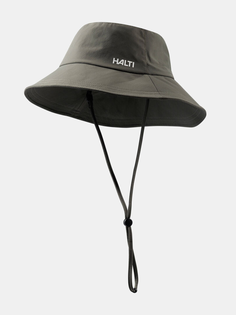 The Luovi Bucket Hat by Halti is gray, quick-drying, has a chin strap, and HALTI printed on the front.