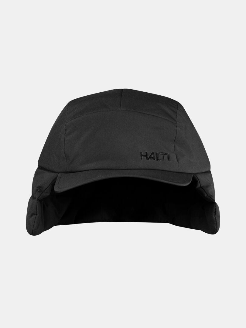 Halti Huove Puffy Hat: black, insulated, with ear flaps and HAITI embroidered on front—shown on plain background.