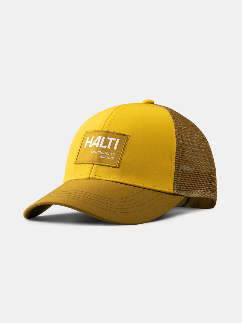 The Halti Koskelo Trucker Cap is yellow and brown, made from recycled polyester, with mesh back and HALTI front patch.