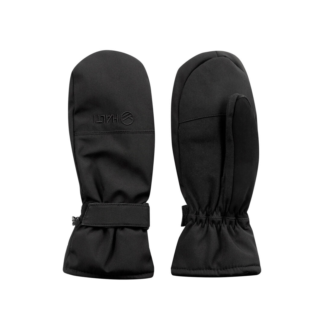 The Halti Tiilo Mitten is an insulated black ski mitten with elastic cuffs and adjustable wrist straps.