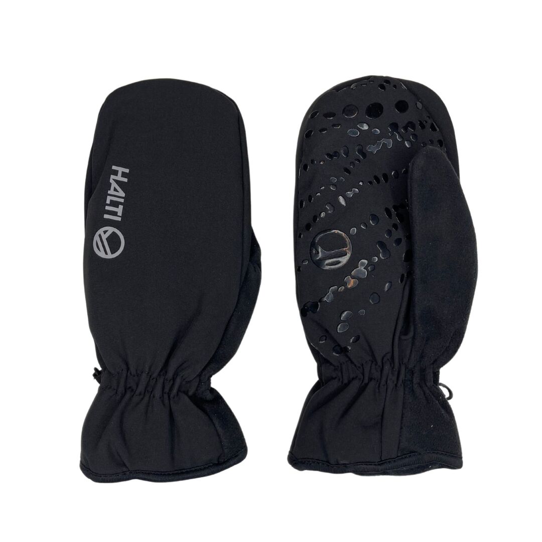 Halti Kroka Mitten: black, windproof mittens with elastic wrists and textured palms, shown on a white background.