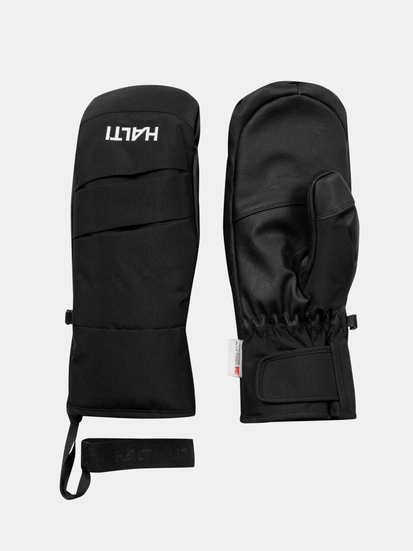 A pair of black Halti Vuotos waterproof ski mittens with Velcro strap and HALTI text on the left mitten.