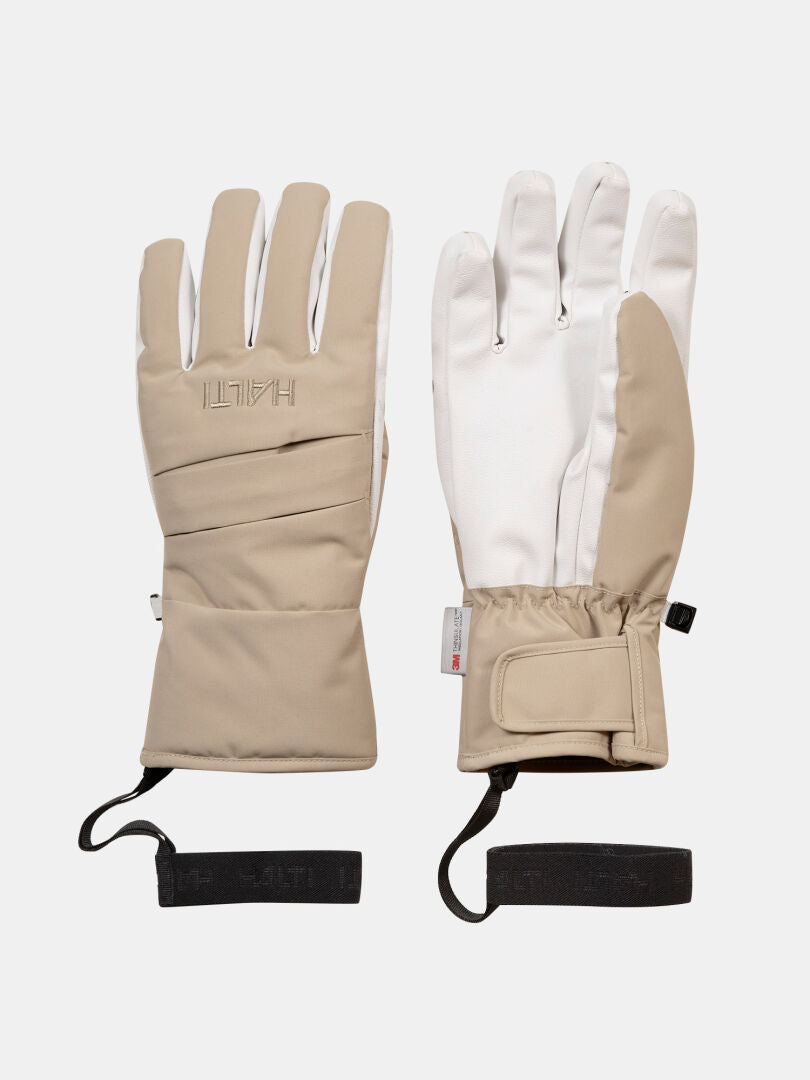Halti Vuotos Ski Gloves in beige and white, insulated with adjustable straps and Velcro, shown palm up and down.