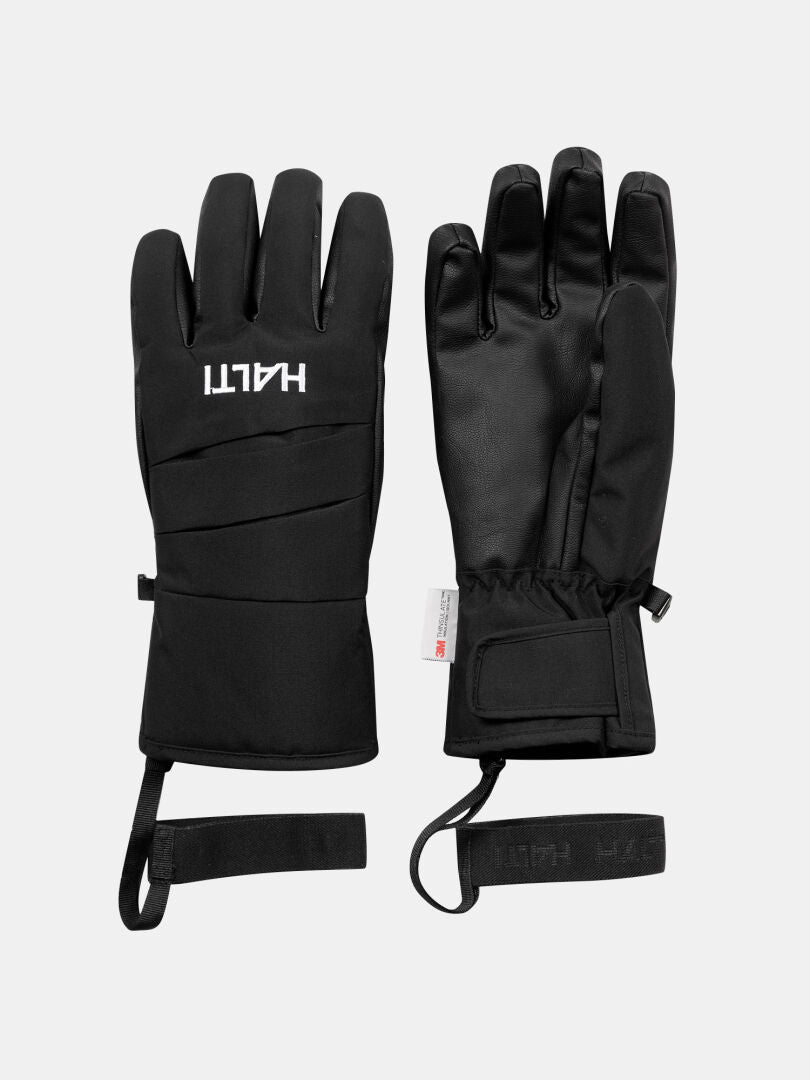 Halti Vuotos Ski Gloves: black, insulated, long cuffs, adjustable straps, shown palm up and palm down.