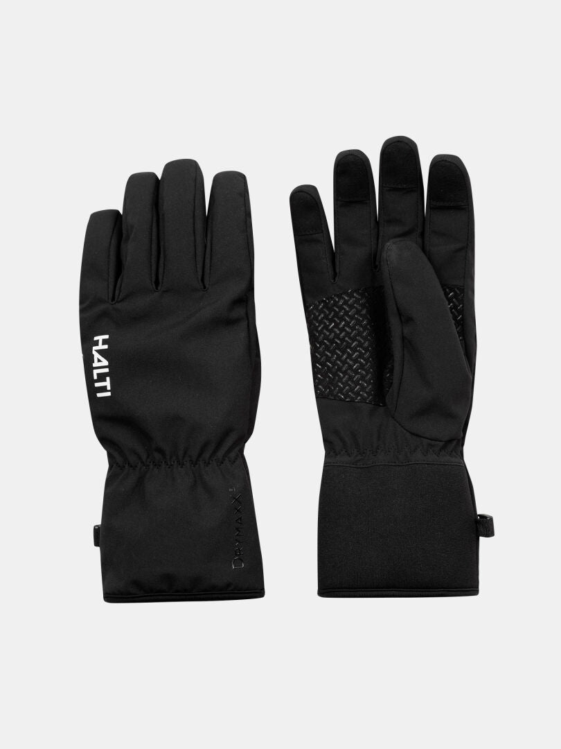 Halti Sumu DX Gloves: black silicone grip gloves with textured palm and logo, waterproof and touchscreen compatible.