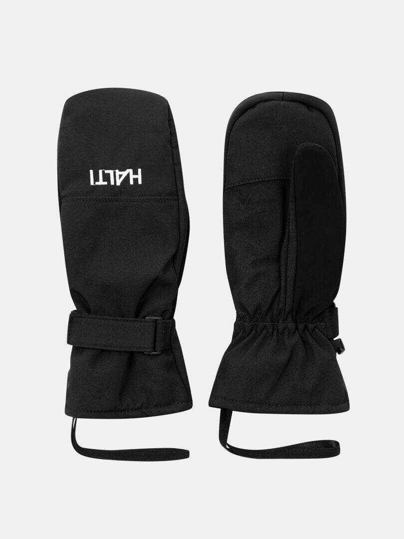 Halti Tiilo II Mittens: black winter mittens with adjustable wrist straps and HALTI printed in white on one.