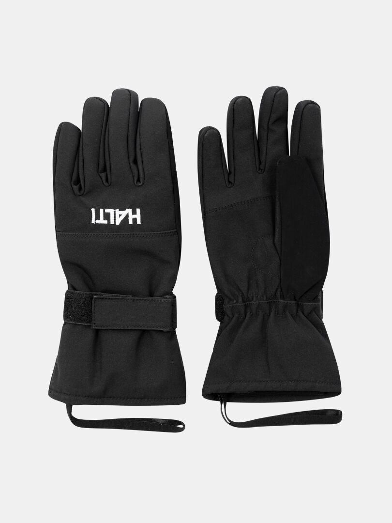 Halti Tiilo II Gloves are insulated ski gloves with adjustable wrist straps and HALTI printed on one black glove.