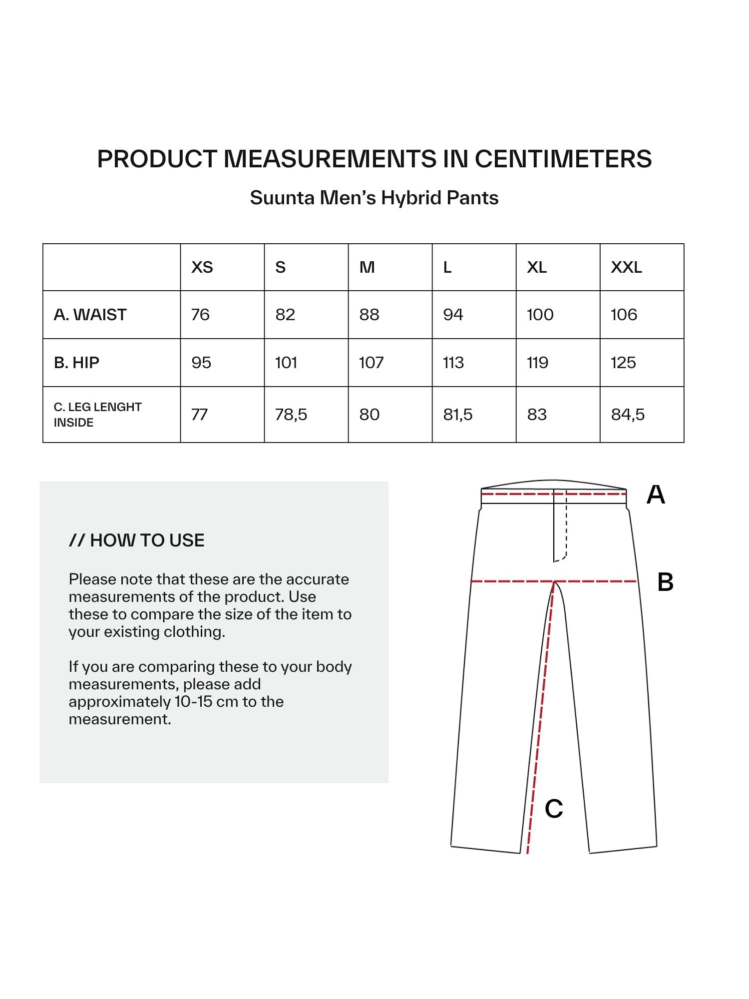 Halti Suunta Mens Hybrid Pants size chart: waist, hip, leg length (cm) plus line drawing included.