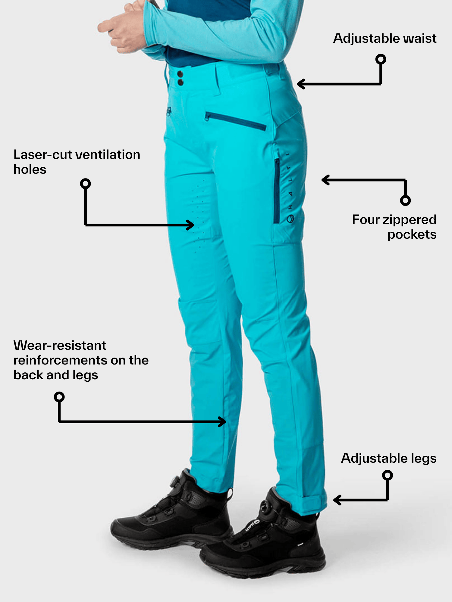 Halti Tracks X-stretch Pants Women's: adjustable waist, laser-cut vents, 4 zip pockets, and wear-resistant details.