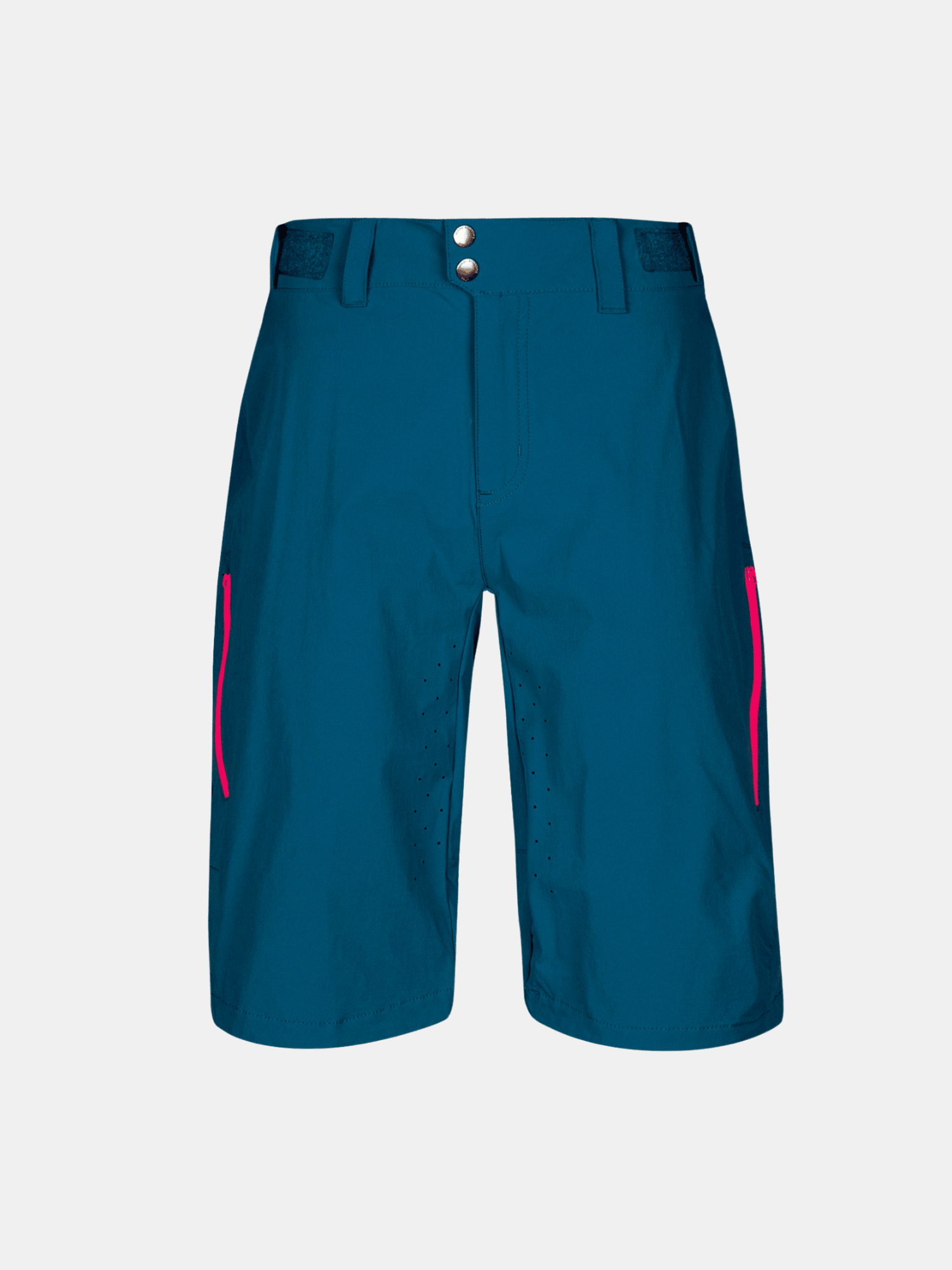 Halti Tracks Womens X-stretch Shorts: teal, knee-length, recycled fabric, pink zip pockets, belt loops, adjustable waist.