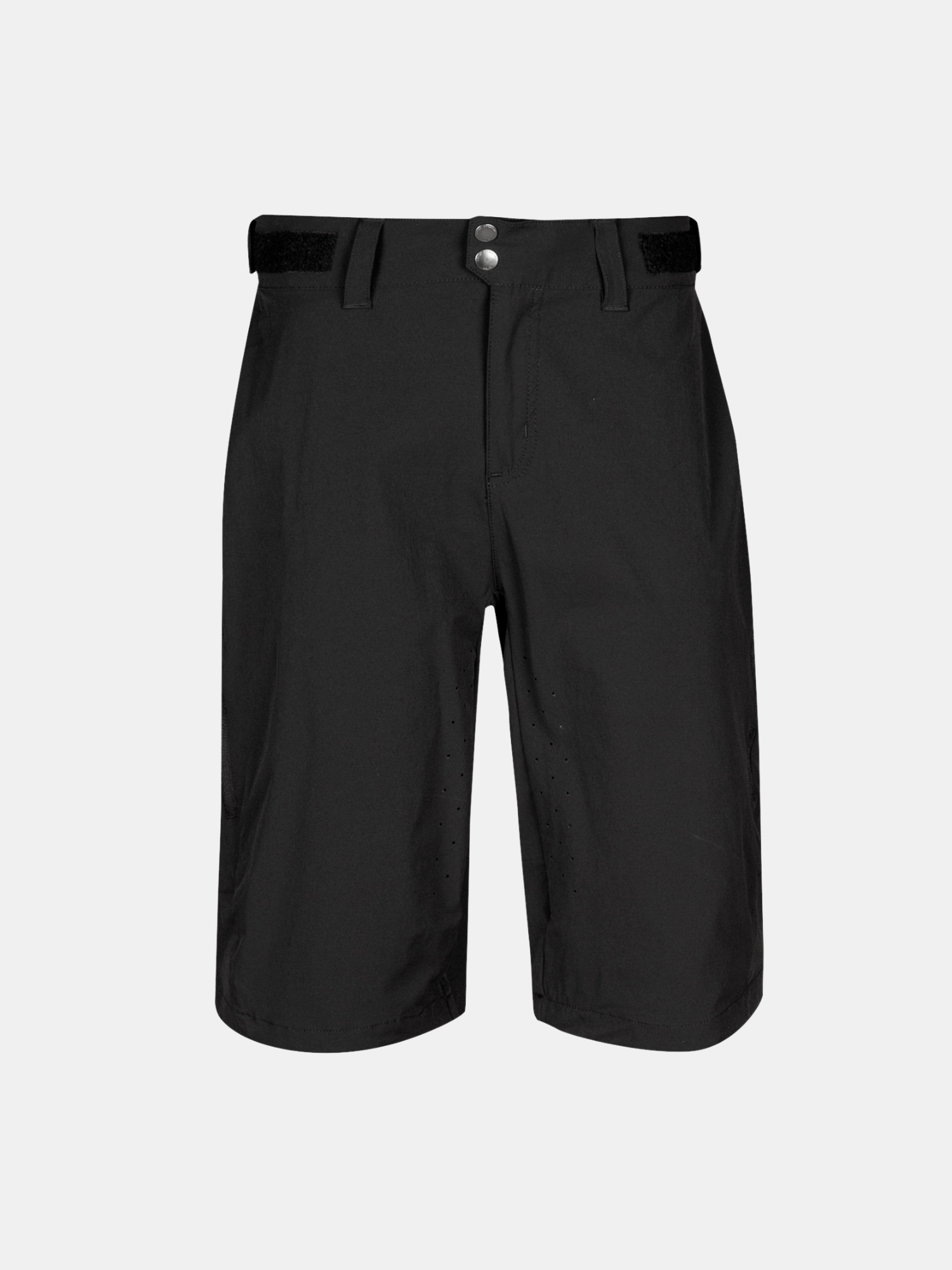Halti Tracks Womens X-stretch Shorts: black, knee-length, breathable, with belt loops, buttons, and front perforations.