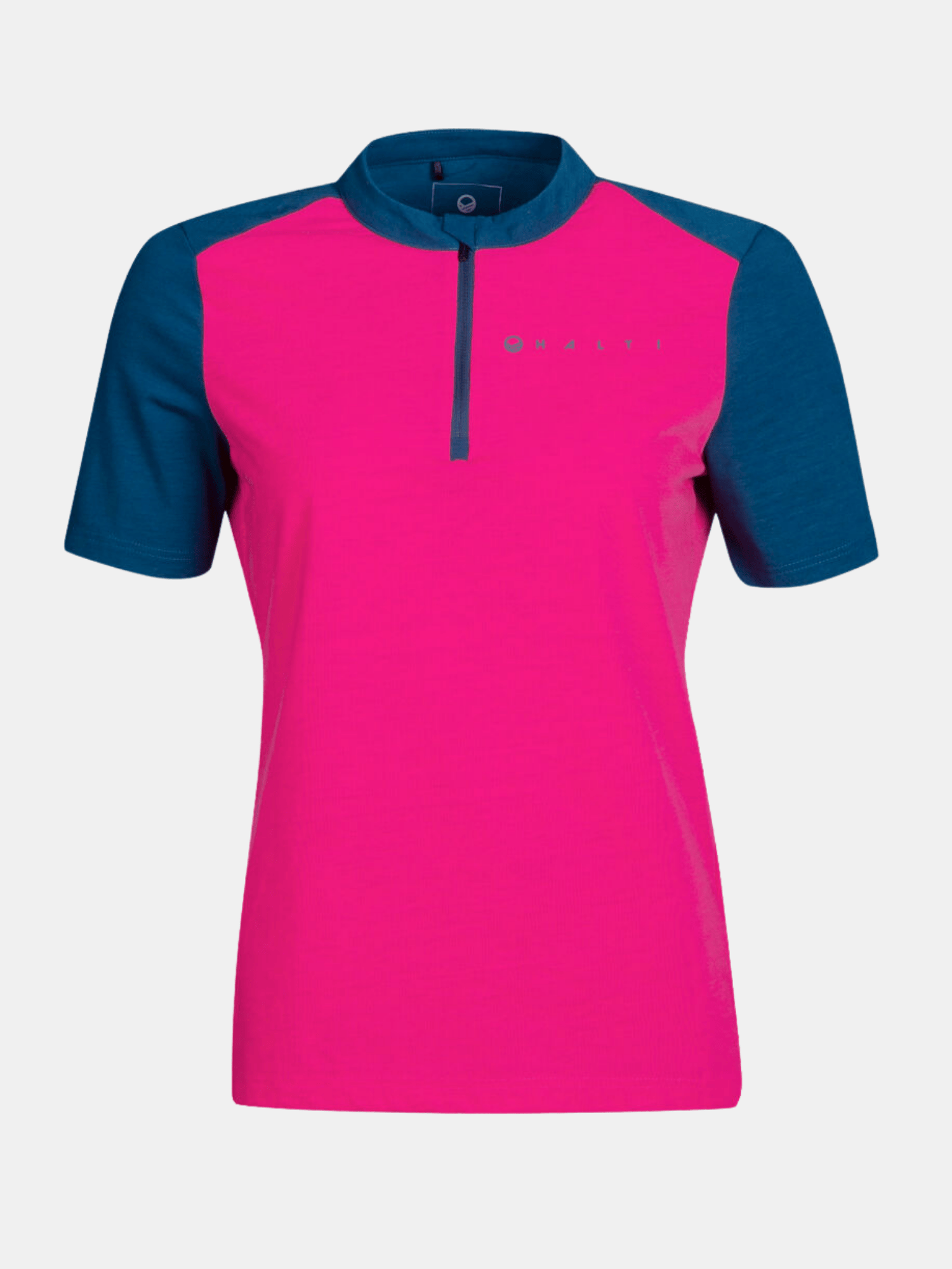 Haltis Core Womens T-shirt is lightweight, made from recycled fiber, with a pink body, blue sleeves, and half-zip.