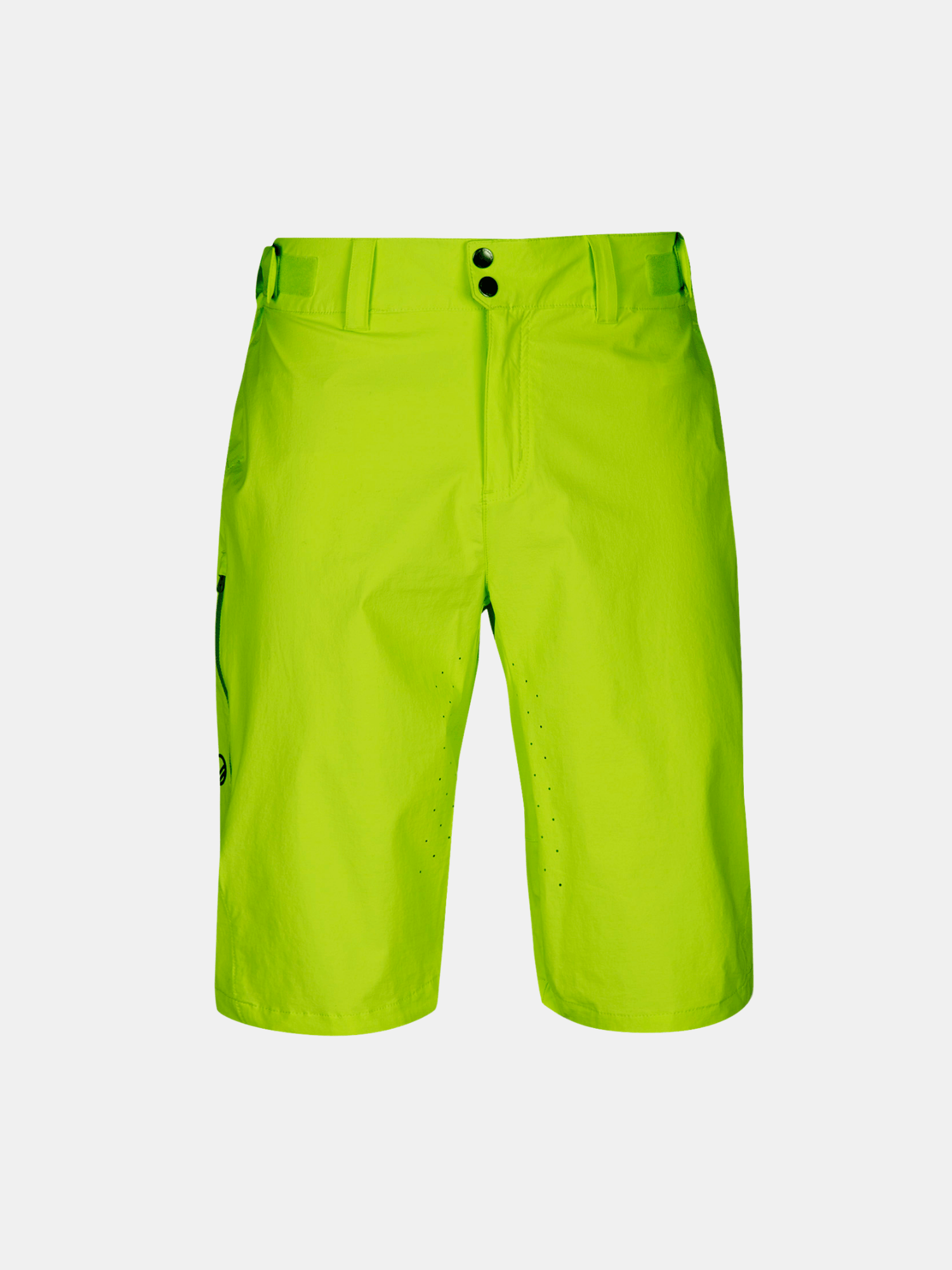 Halti Tracks Mens X-stretch Shorts: bright neon green, knee-length, breathable, with button closure and left black logo.