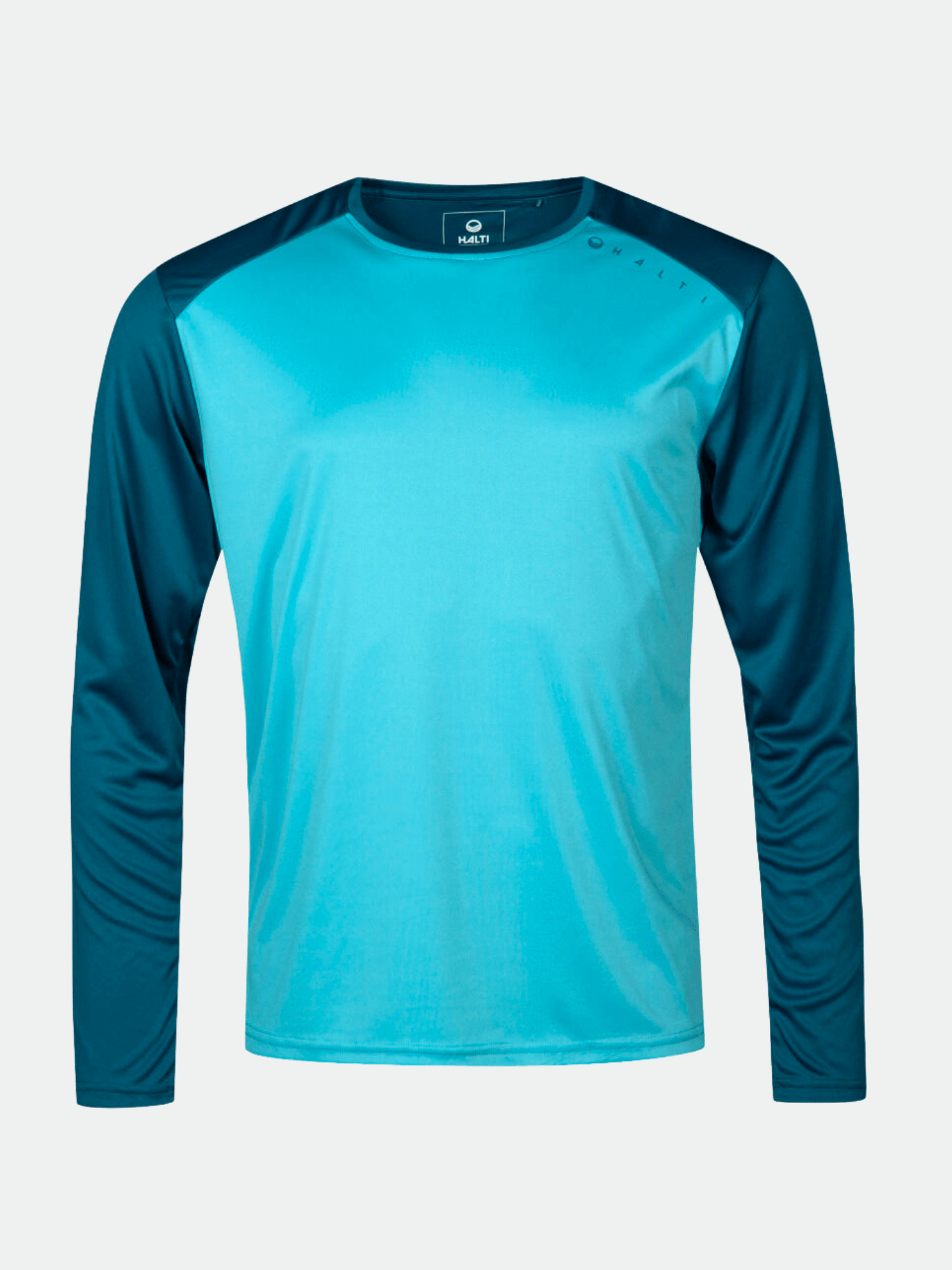 Halti Vassi Mens Long-sleeve Workout Shirt, light blue front and dark blue sleeves, shown on a white background.
