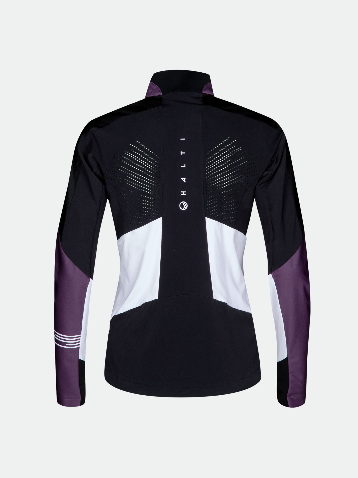 The Veloce XCT Jacket Women's by Halti features black, white, and purple geometric patterns and bold back branding.
