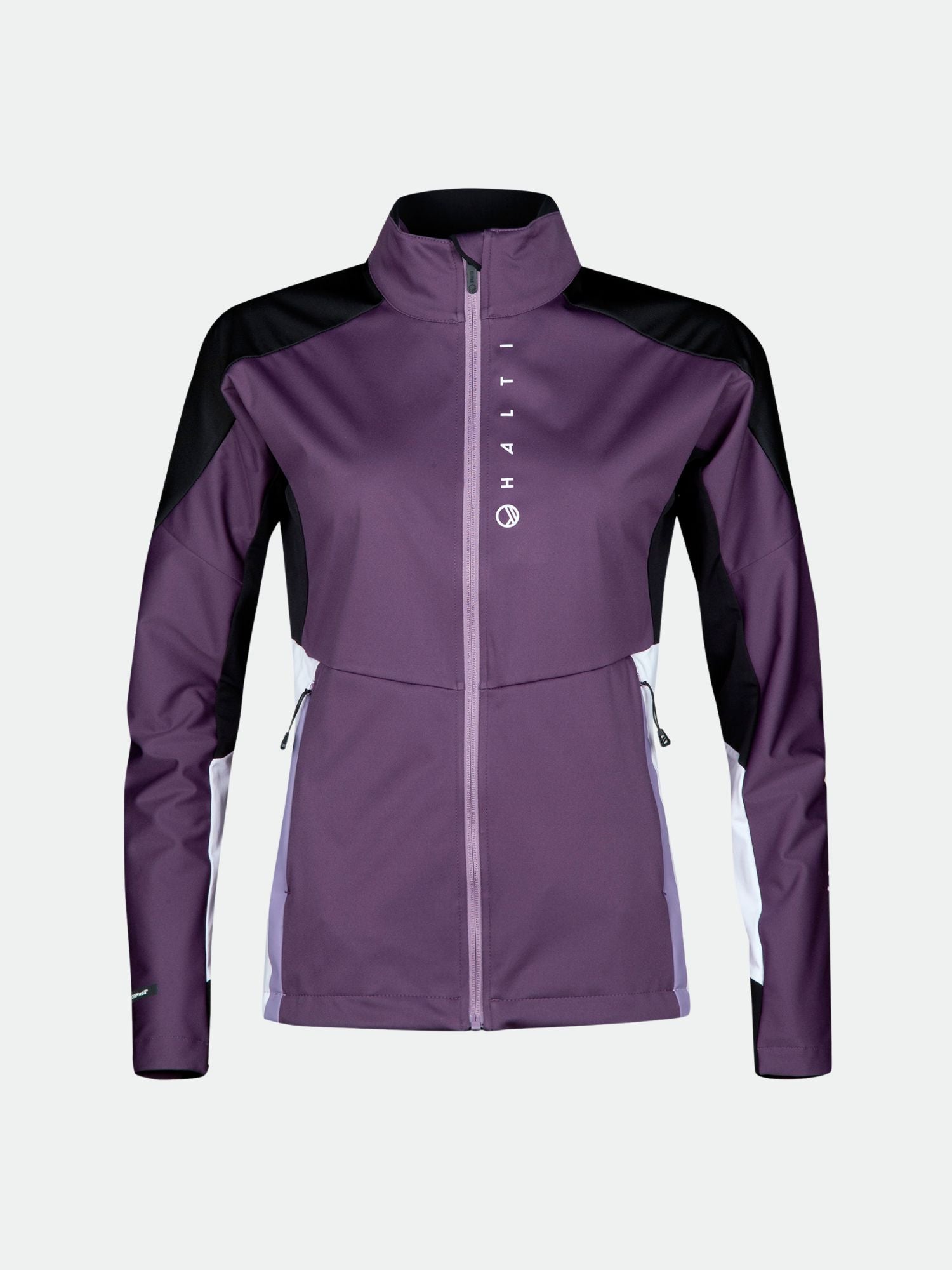 The Halti Veloce XCT Jacket Women's is purple/black with a high collar, front pockets, and vertical white chest lettering.