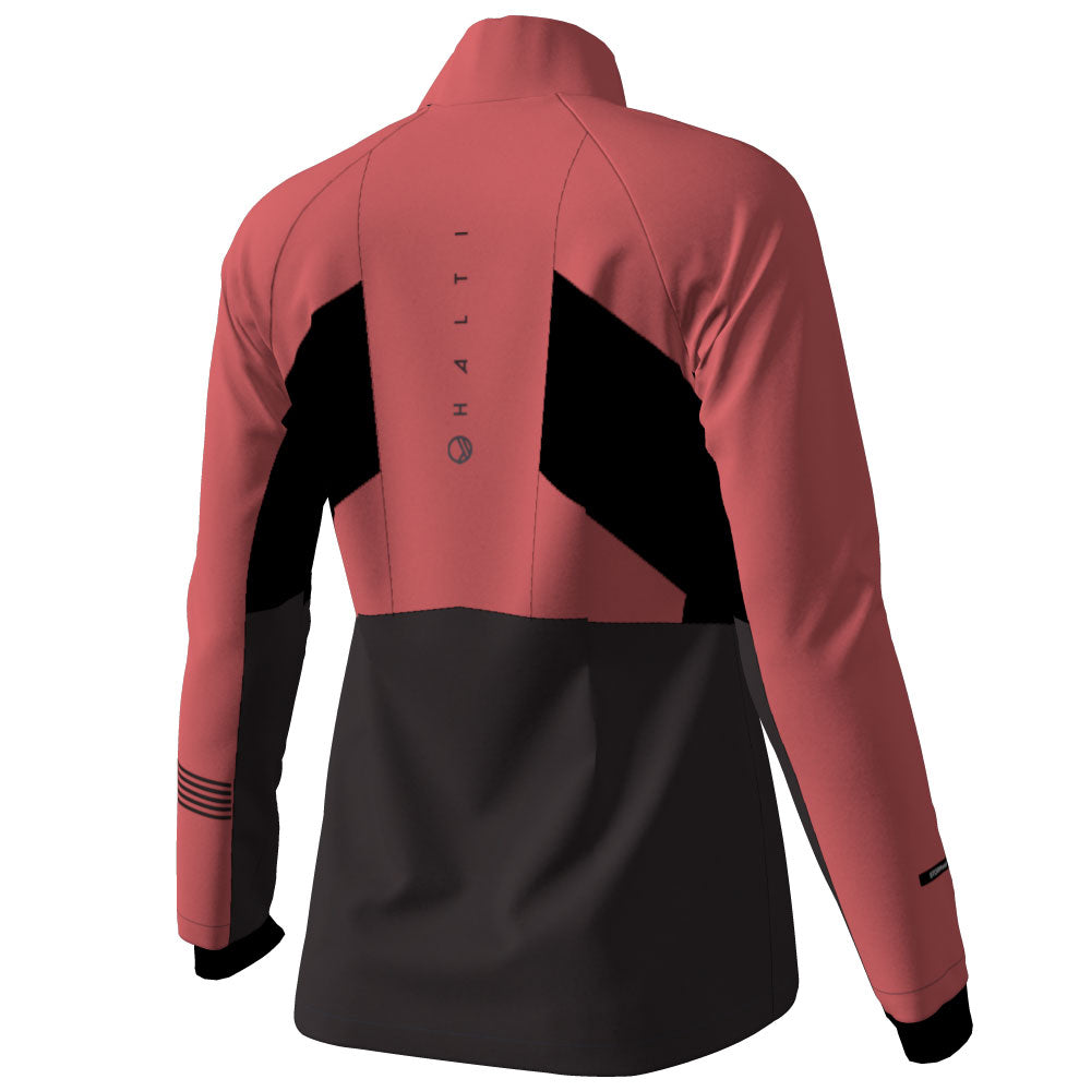Halti Vinha Hybrid XCT Jacket Womens—winter running jacket with windproof Stormwall®, red/black panels, shown from the back.