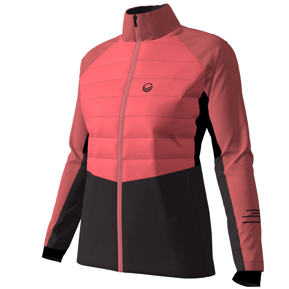 The Halti Vinha Hybrid XCT Jacket Womens has a pink upper, black lower, high collar, and windproof Stormwall® fabric.