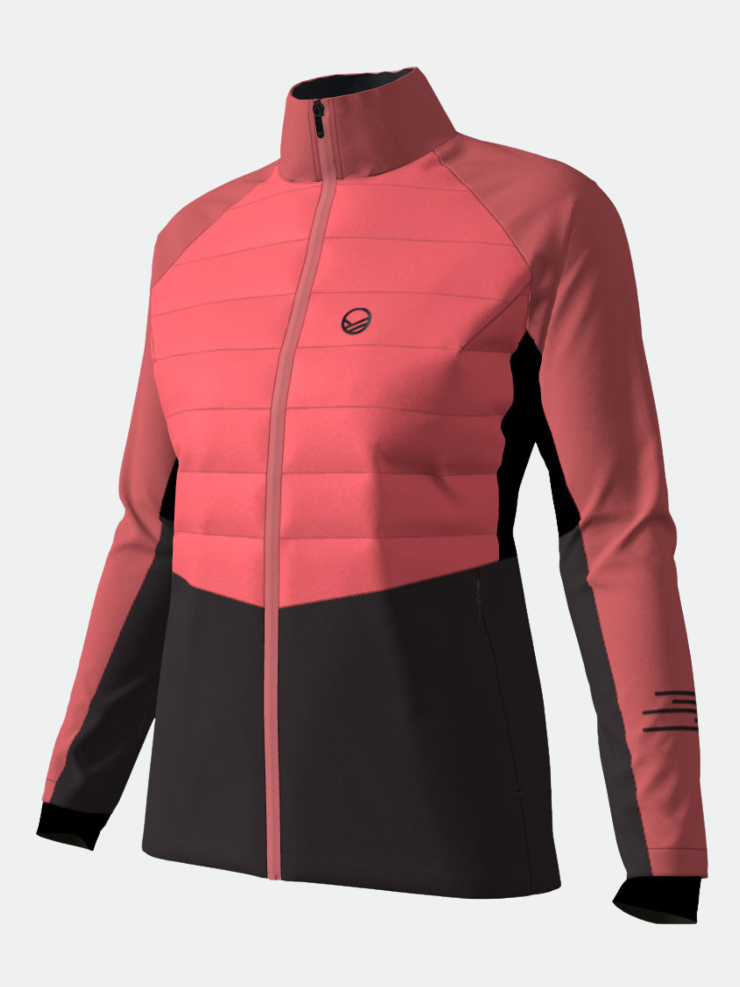 The Halti Vinha Hybrid XCT Jacket Women's is pink/black with a high collar and a small round logo on the left chest.