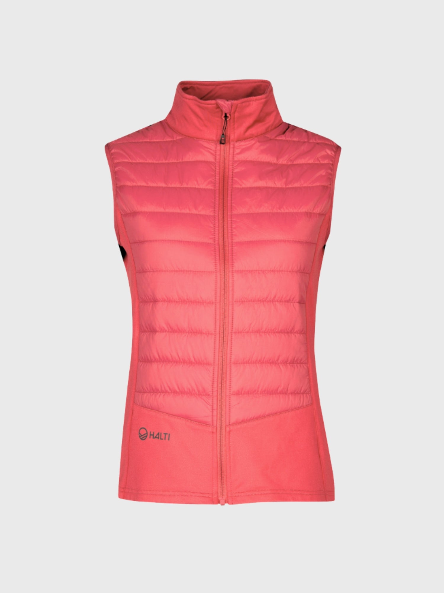 The Veidnes Women's Insulation Vest by Halti is coral pink with a zip front, stand collar, and made from recycled material.