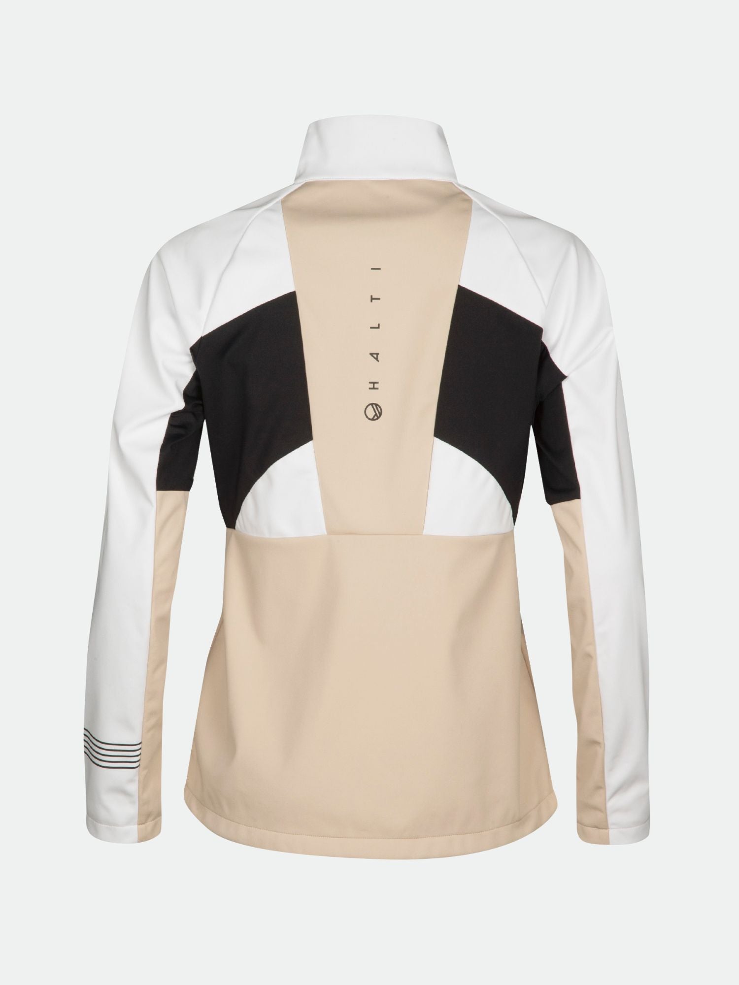The Halti Vinha Hybrid XCT Jacket for women is beige, black, and white with vertical HALTI print on the back.