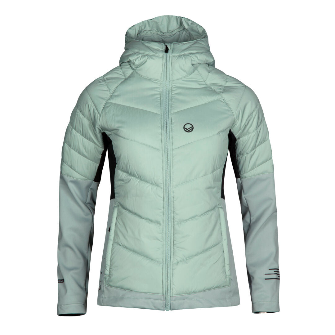 The Halti Hanki XCT Jacket Women’s is a light green hybrid jacket with black panels, ideal for winter running or skiing.