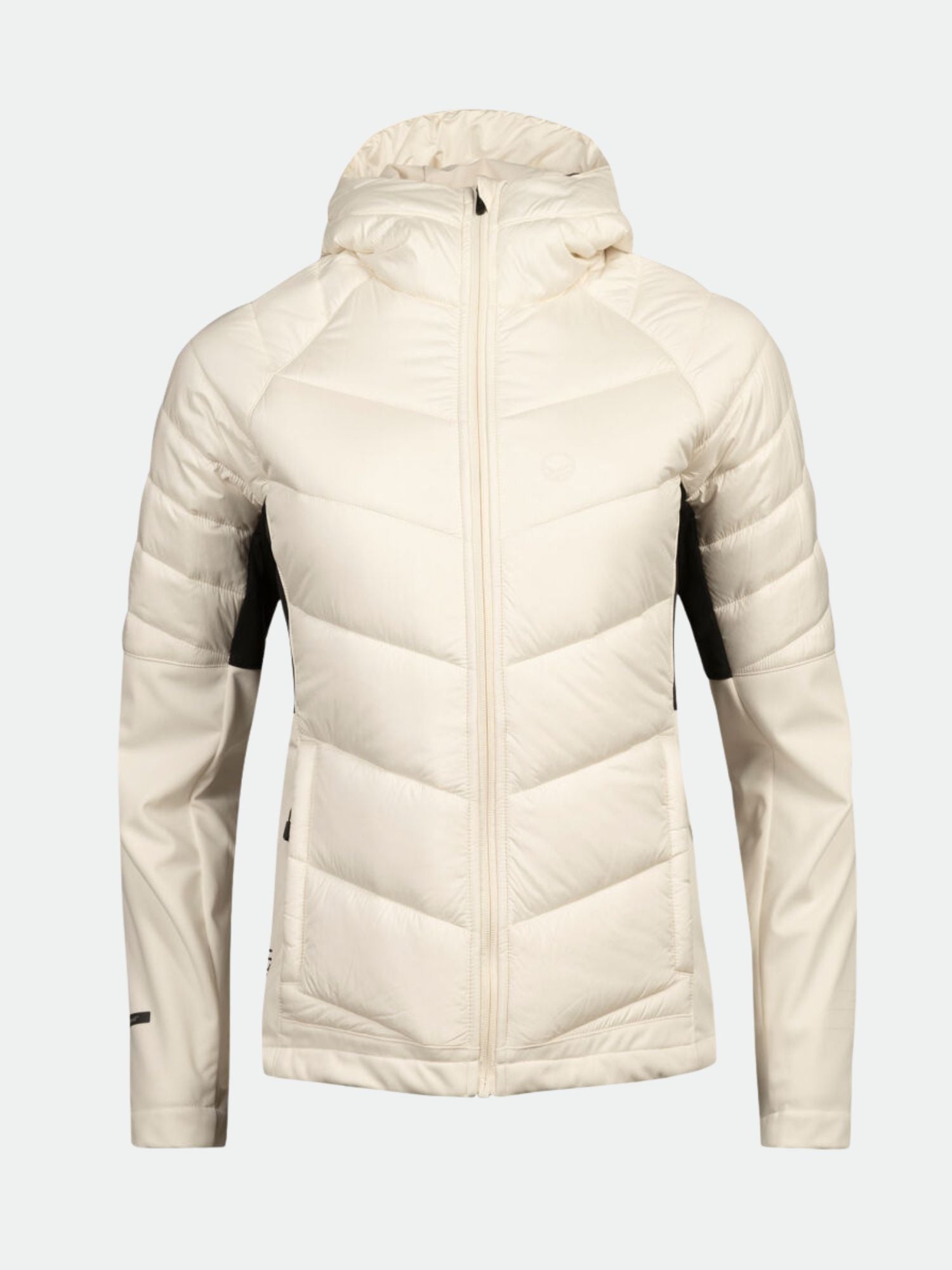 Front view of Halti Hanki XCT Jacket Women's in white with hood, long sleeves, zipper, and black side panels.