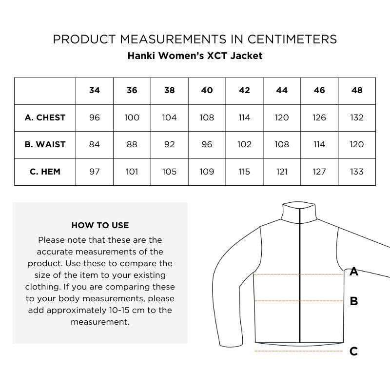 Size chart for Halti Hanki XCT Jacket Womens: chest, waist & hem (cm) for sizes 34–48.