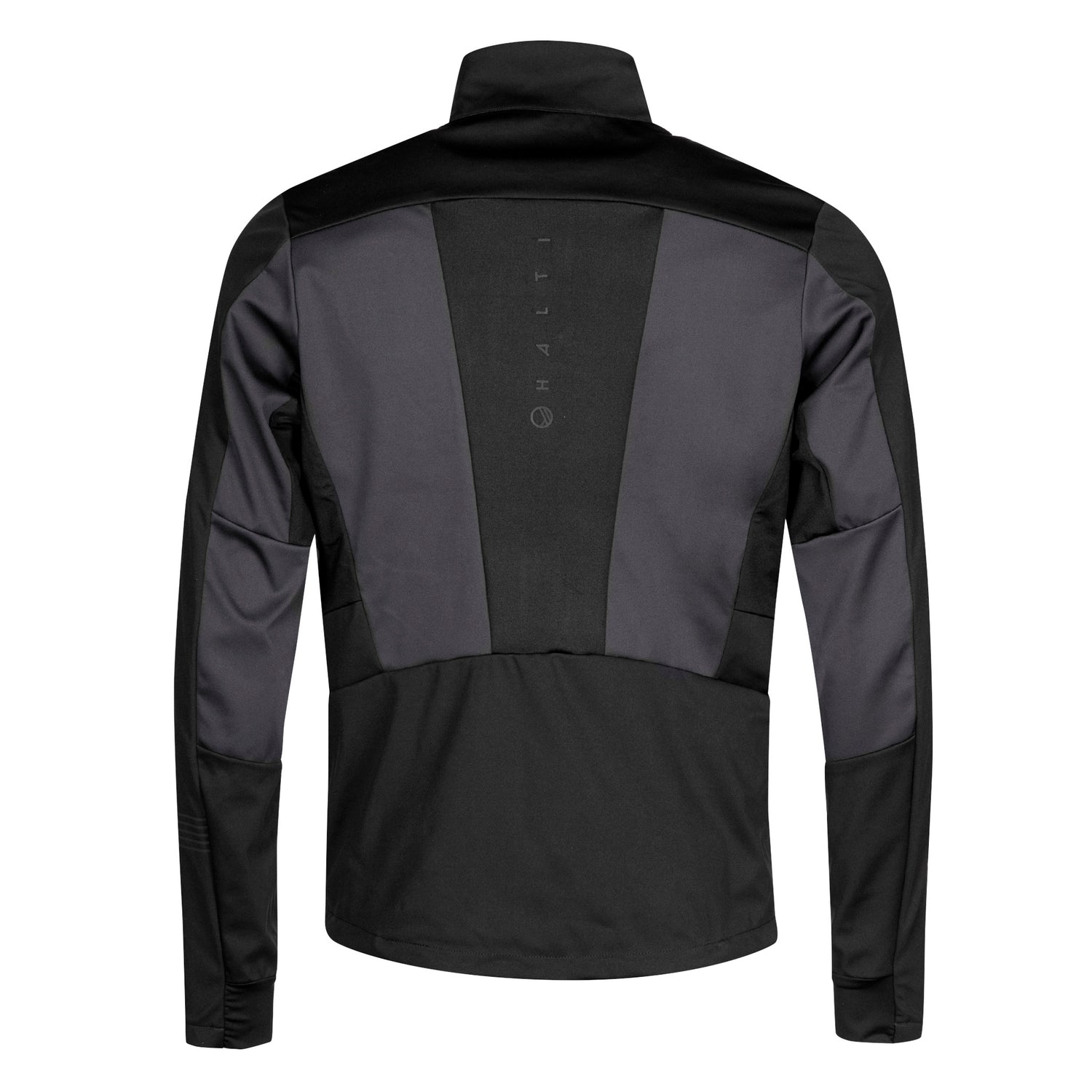 Back view of Halti Vinha XCT windproof jacket in black/gray, long sleeves, vertical Halti logo at center back.