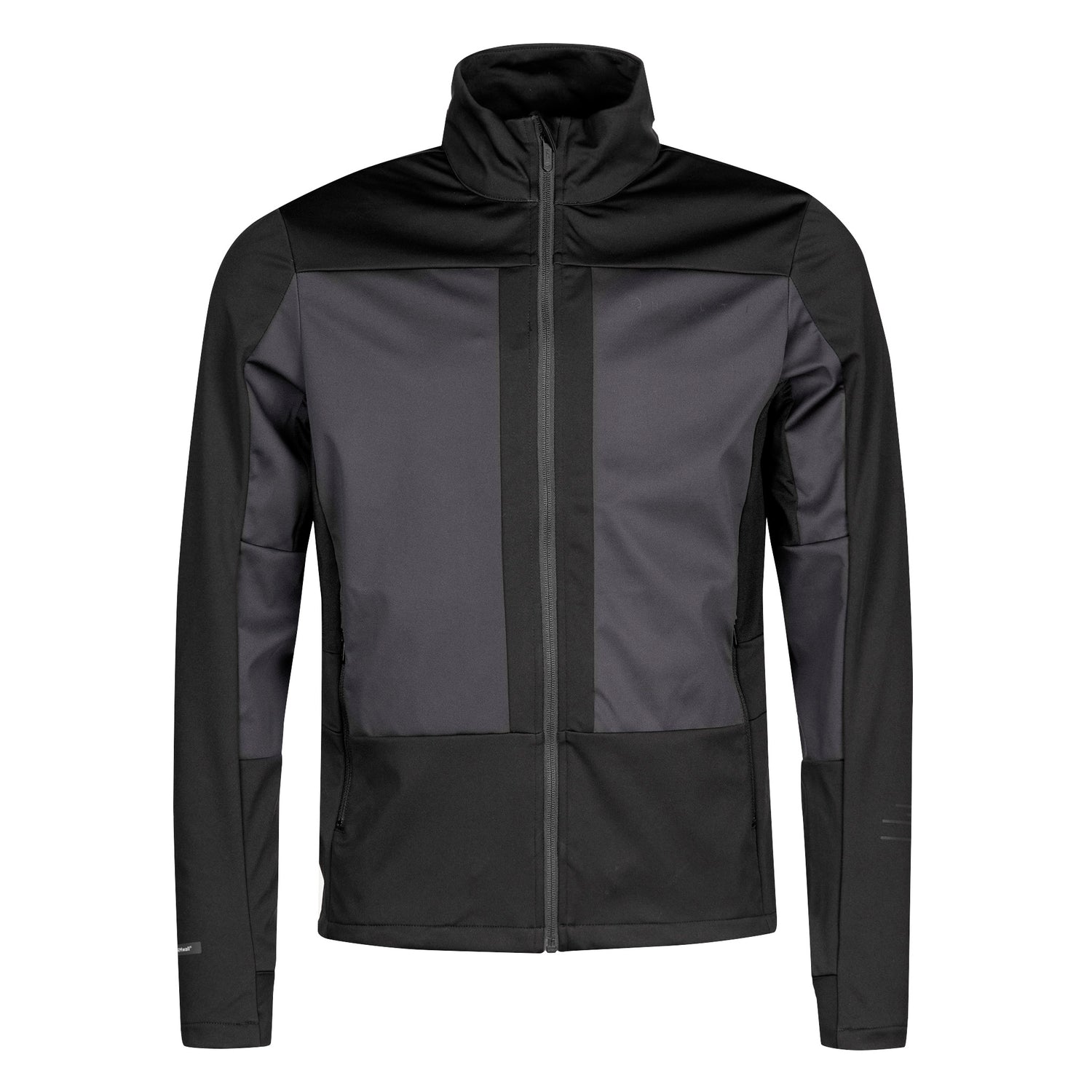 The Halti Vinha XCT Jacket Mens in black/dark gray features breathable, windproof fabric, long sleeves, and a high collar.
