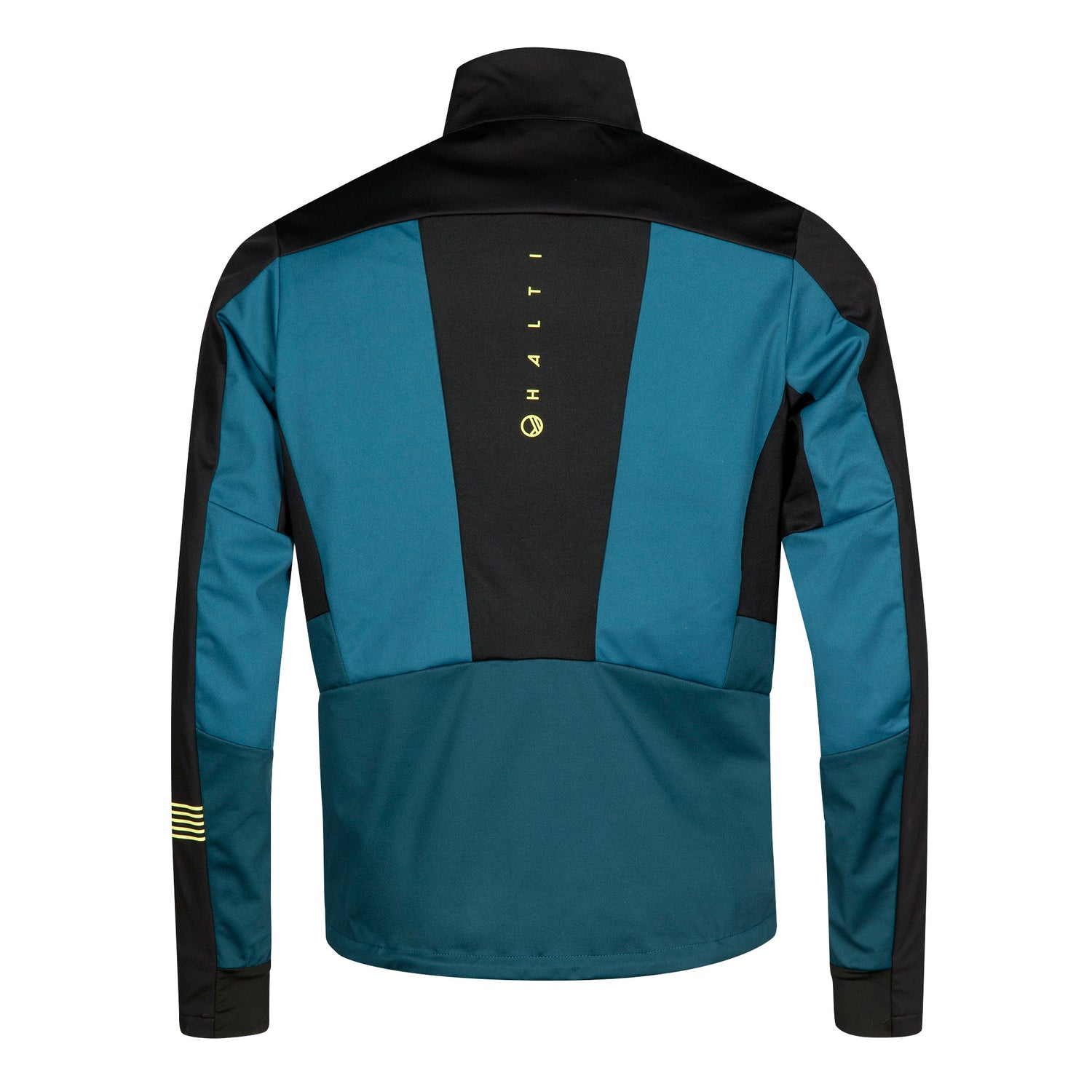 The Halti Vinha XCT Jacket Mens, blue and black with yellow text and stripes, shown from the back on white.