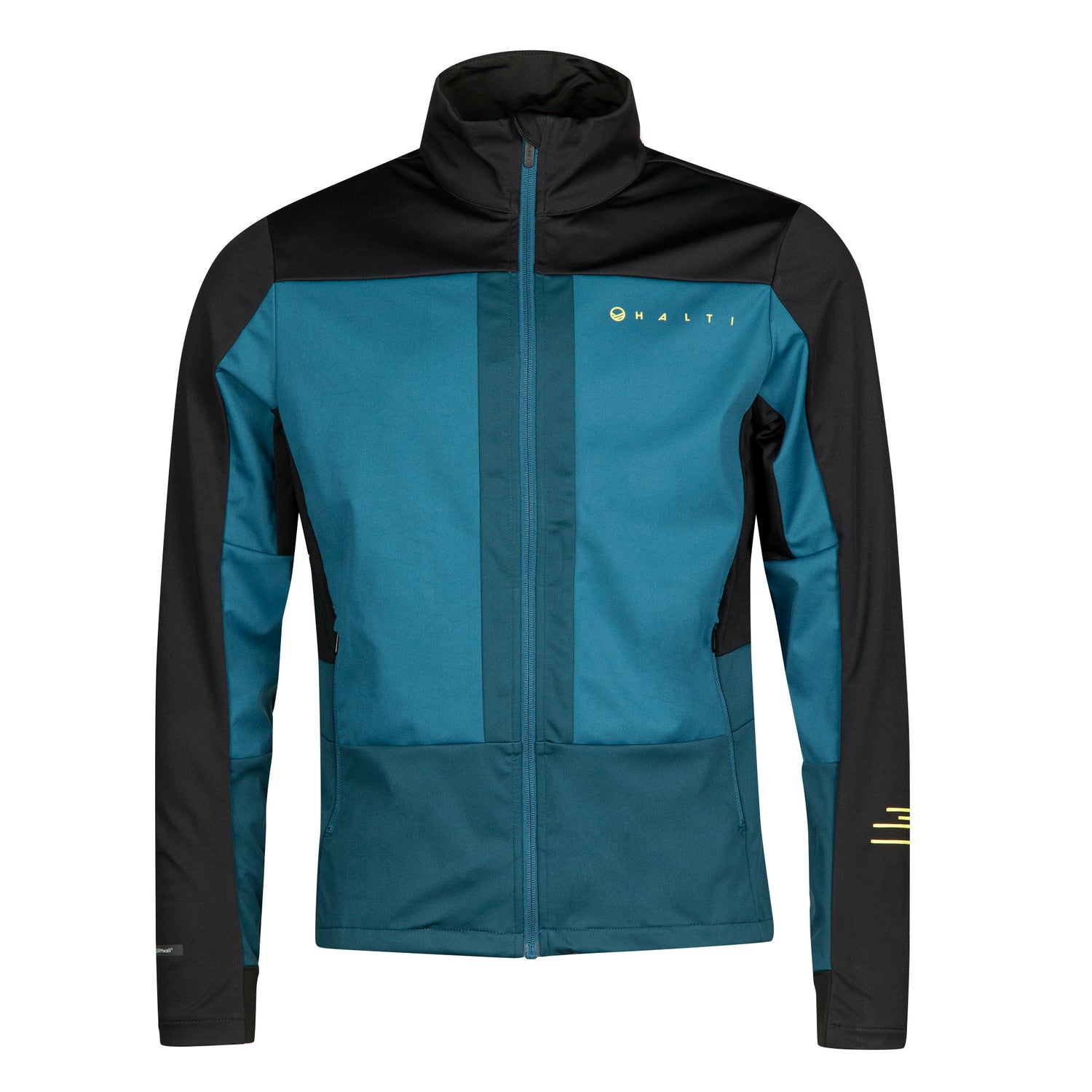 The Halti Vinha XCT Jacket Mens is a teal and black, windproof, breathable jacket with long sleeves and logo accents.