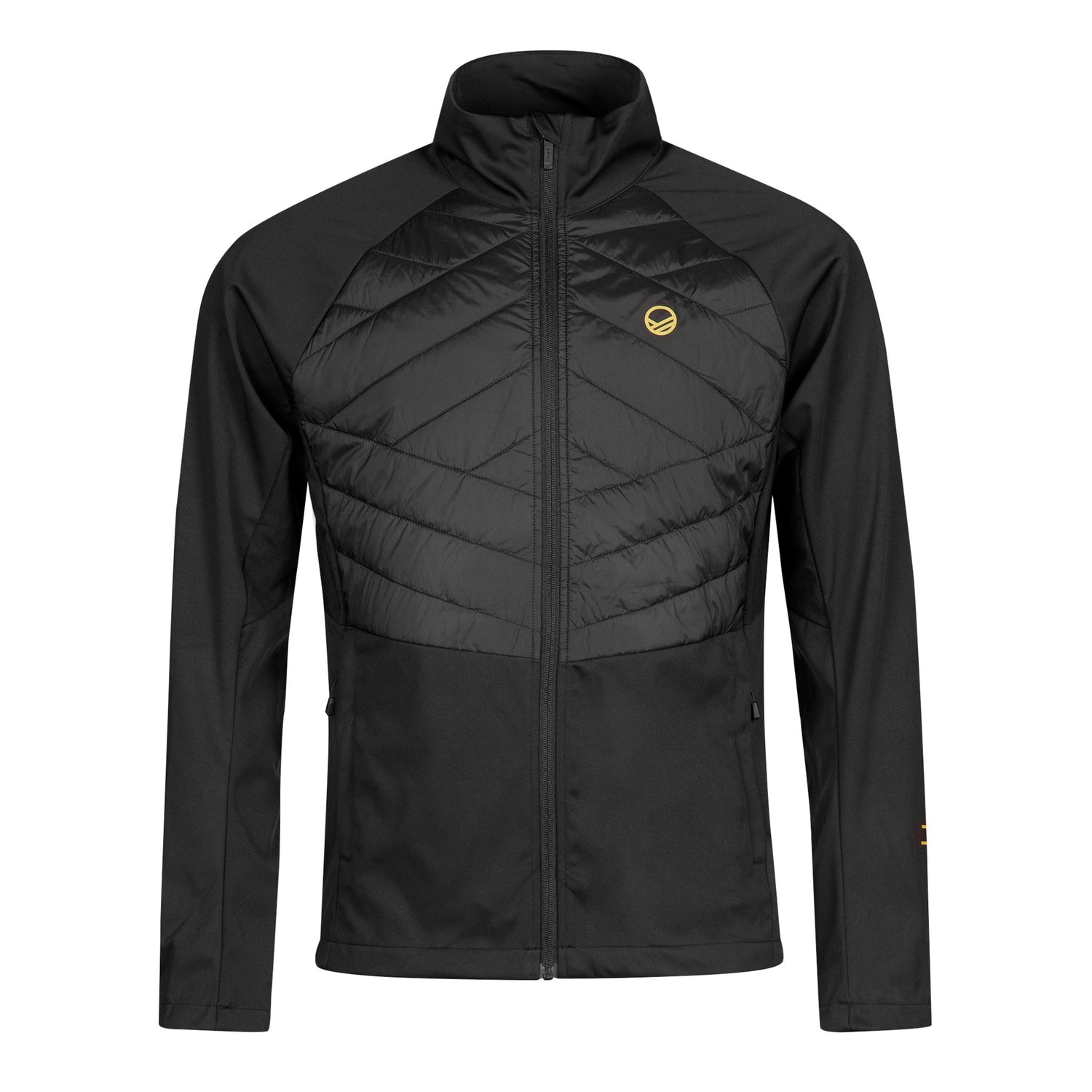 The Halti Vinha Hybrid XCT Jacket Men’s is black, windproof, with quilted chest and high collar for winter running.
