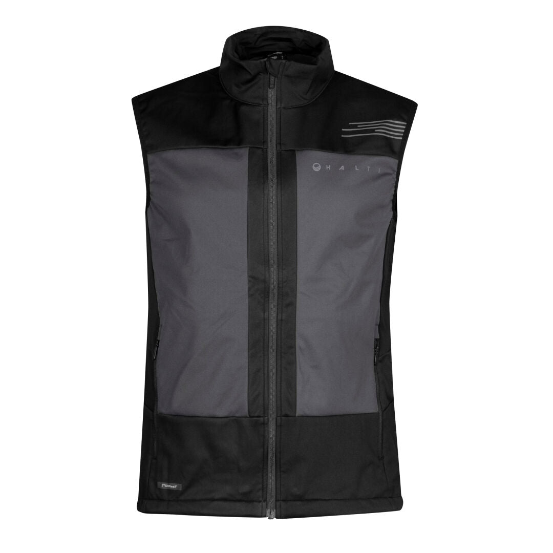 The Halti Vinha Unisex XCT Vest is a sleeveless black and gray high-collar vest made from breathable fabric.