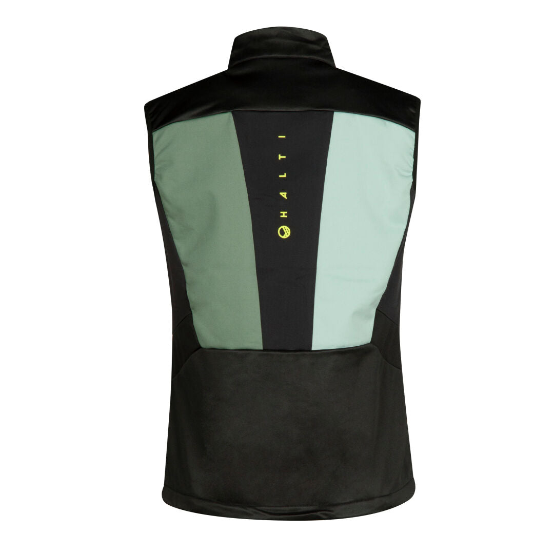 Halti Vinha Unisex XCT Vest in black and light green, sleeveless, with high collar and vertical HALTI logo on the back.