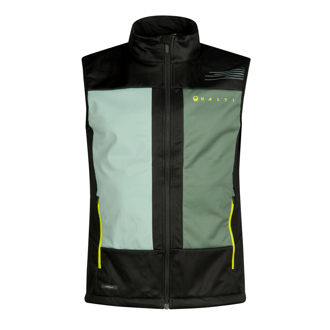 Halti Vinha Unisex XCT Vest: sleeveless zip-up with green panels, black trim, yellow accents, and breathable fabric.