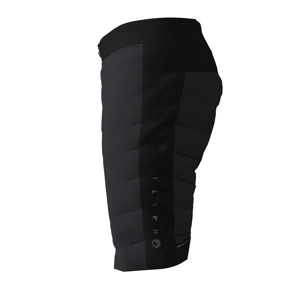 Halti Hanki Hybrid Shorts Mens—black, windproof microfiber with thick waistband, side view on white.