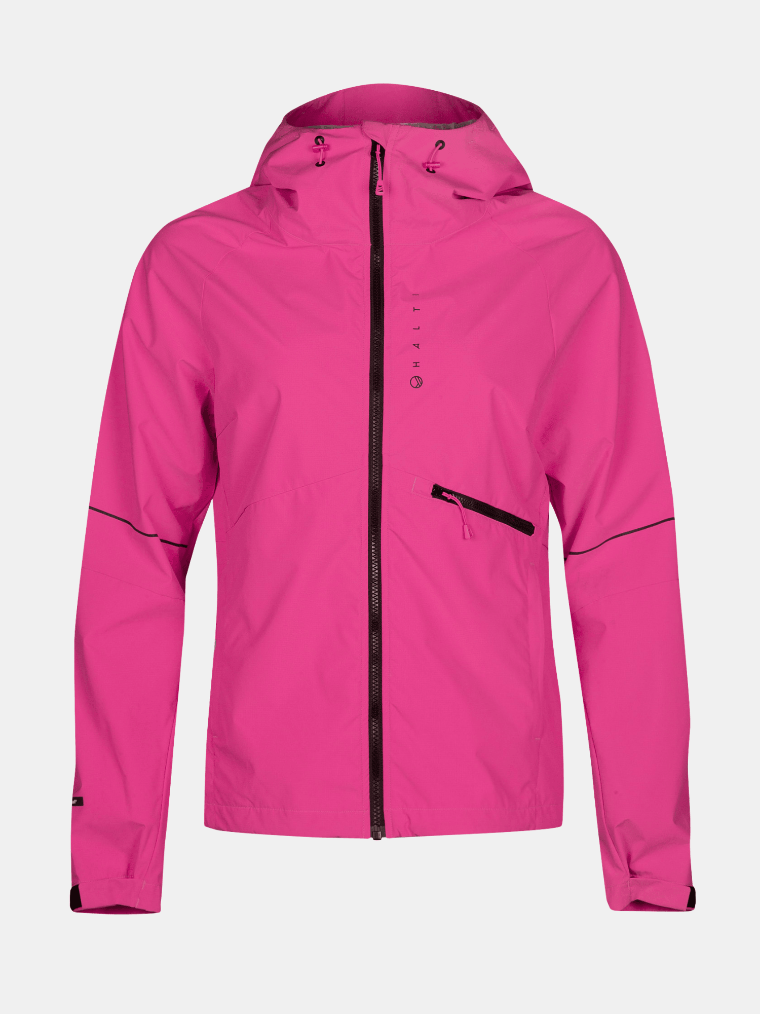 The Halti Shelter Stormwall 3L Womens Shell Jacket is bright pink, windproof, with a chest pocket and black accents.