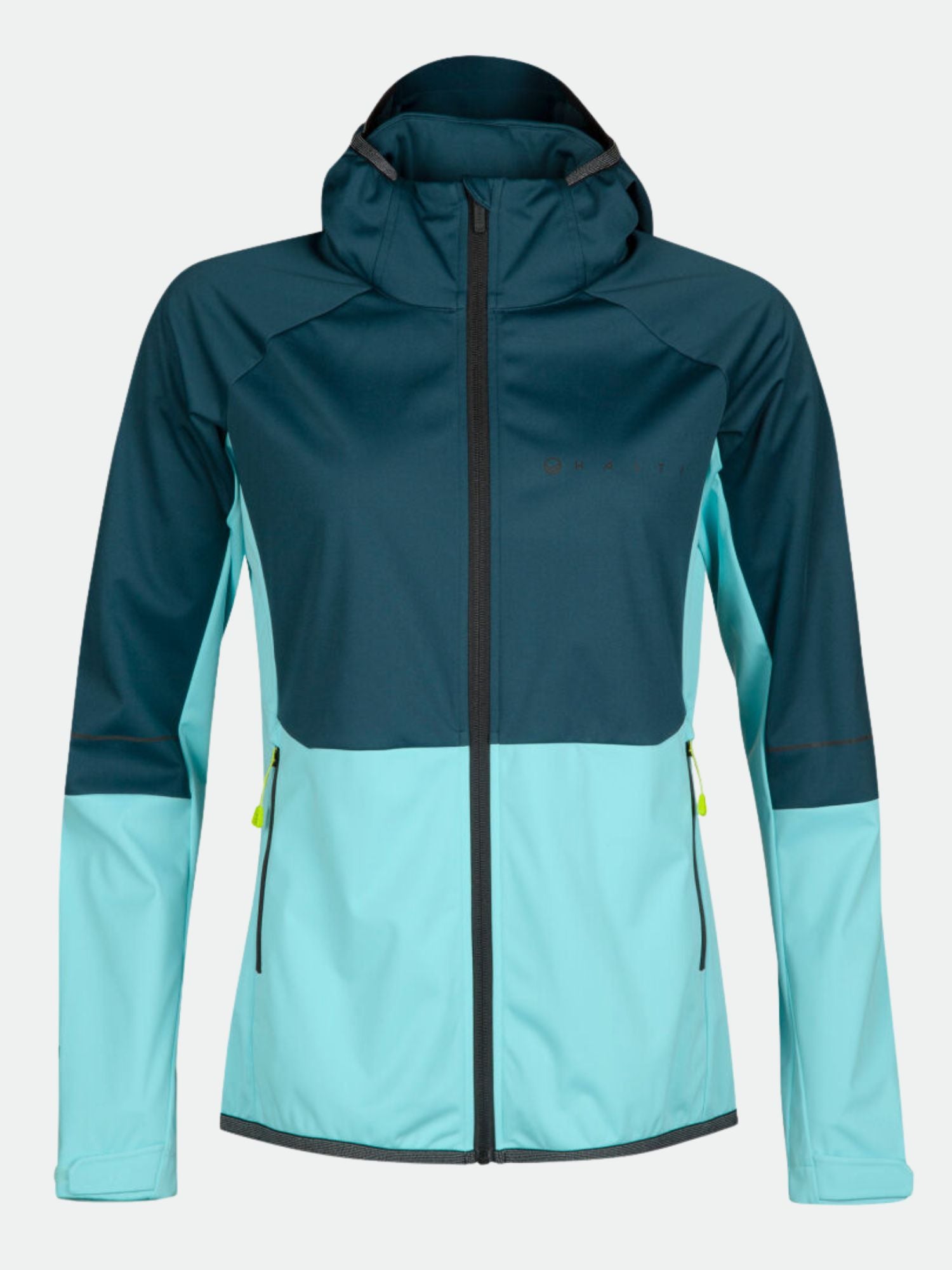 The Halti Exhale Stormwall Jacket Women's in teal and light blue features a hood, long sleeves, and two zippered pockets.