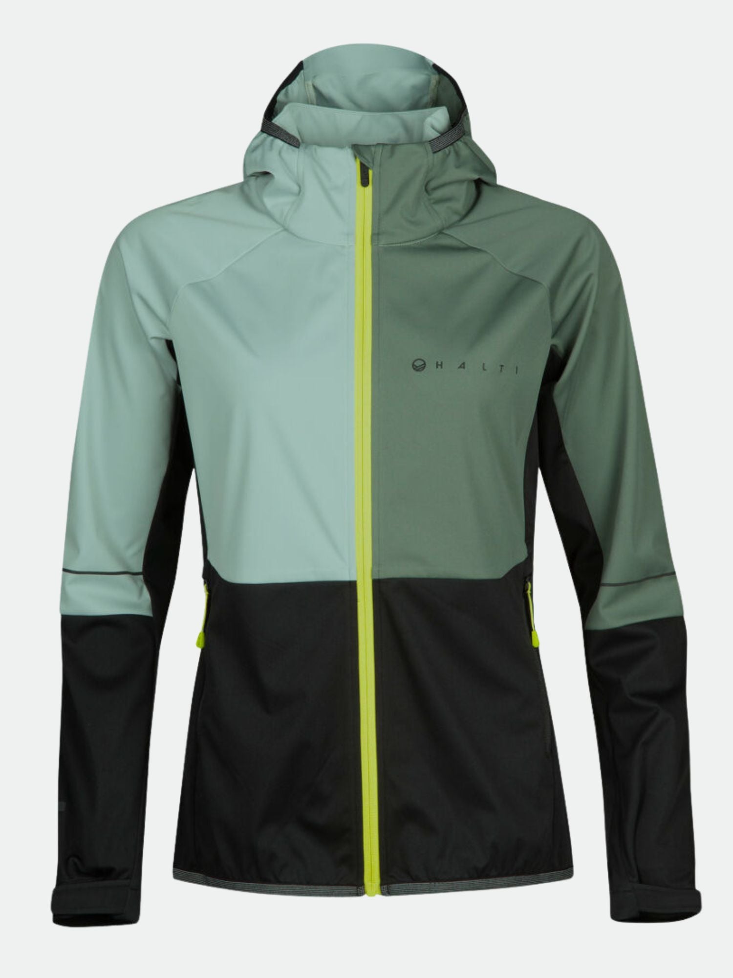 The Halti Exhale Stormwall Jacket Women's features a hood, yellow zipper, and reflective details on a plain background.