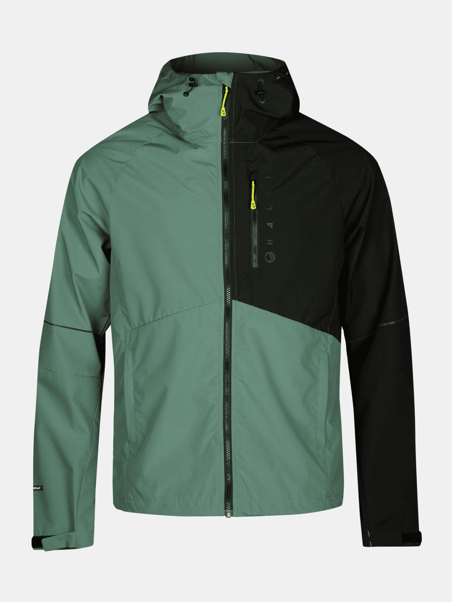 The Halti Shelter Stormwall 3L Jacket Men’s is a green/black, windproof, two-tone hooded jacket with zip chest pocket.