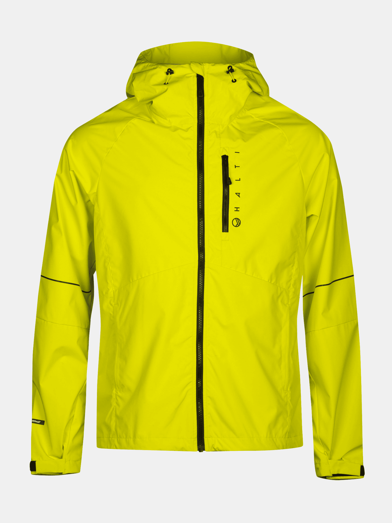 The Halti Shelter Stormwall 3L Mens Jacket is bright yellow, lightweight, windproof, and features black zippers.